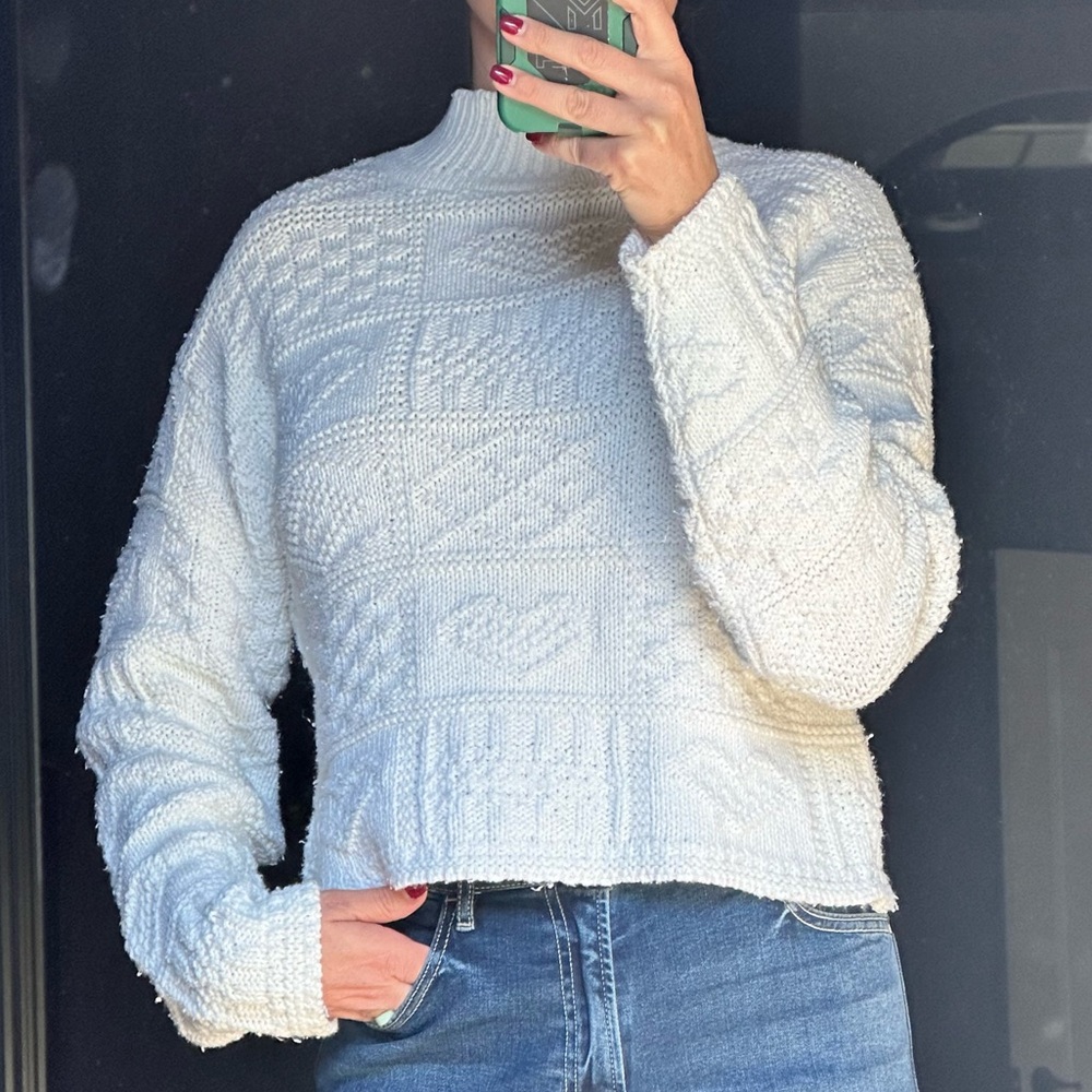90’s “Absolutely Cotton” Creamy White Cable Knit Textured Hearts Sweater - Picture 3 of 8